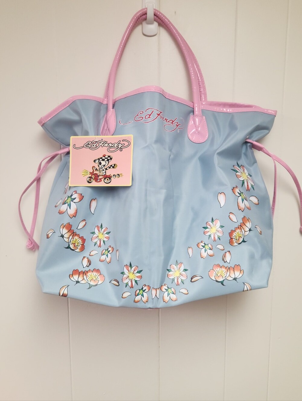 Ed Hardy Sky Blue Tote with Pink Trim and Floral Print